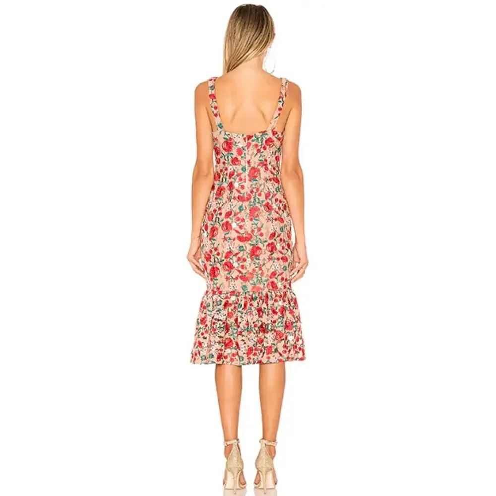 Lovers + Friends Under the Stars Midi Dress Floral Lace Ruffle Cottagecore Nude - Picture 13 of 15